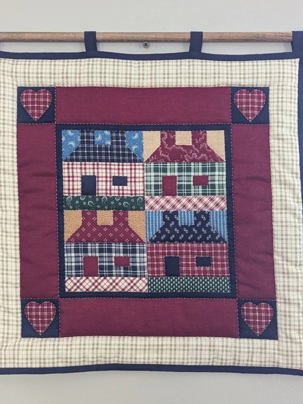 Country Patchwork Quilt Wall Hanging Houses Hearts Americana Farmhouse 17